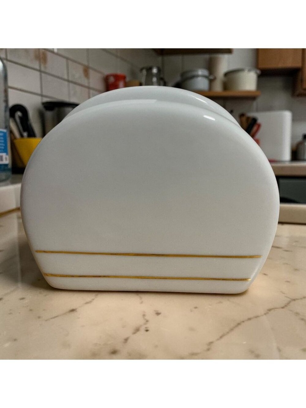 White Glossy Ceramic Napkin Holder With Gold Accent Lines Vintage 80s